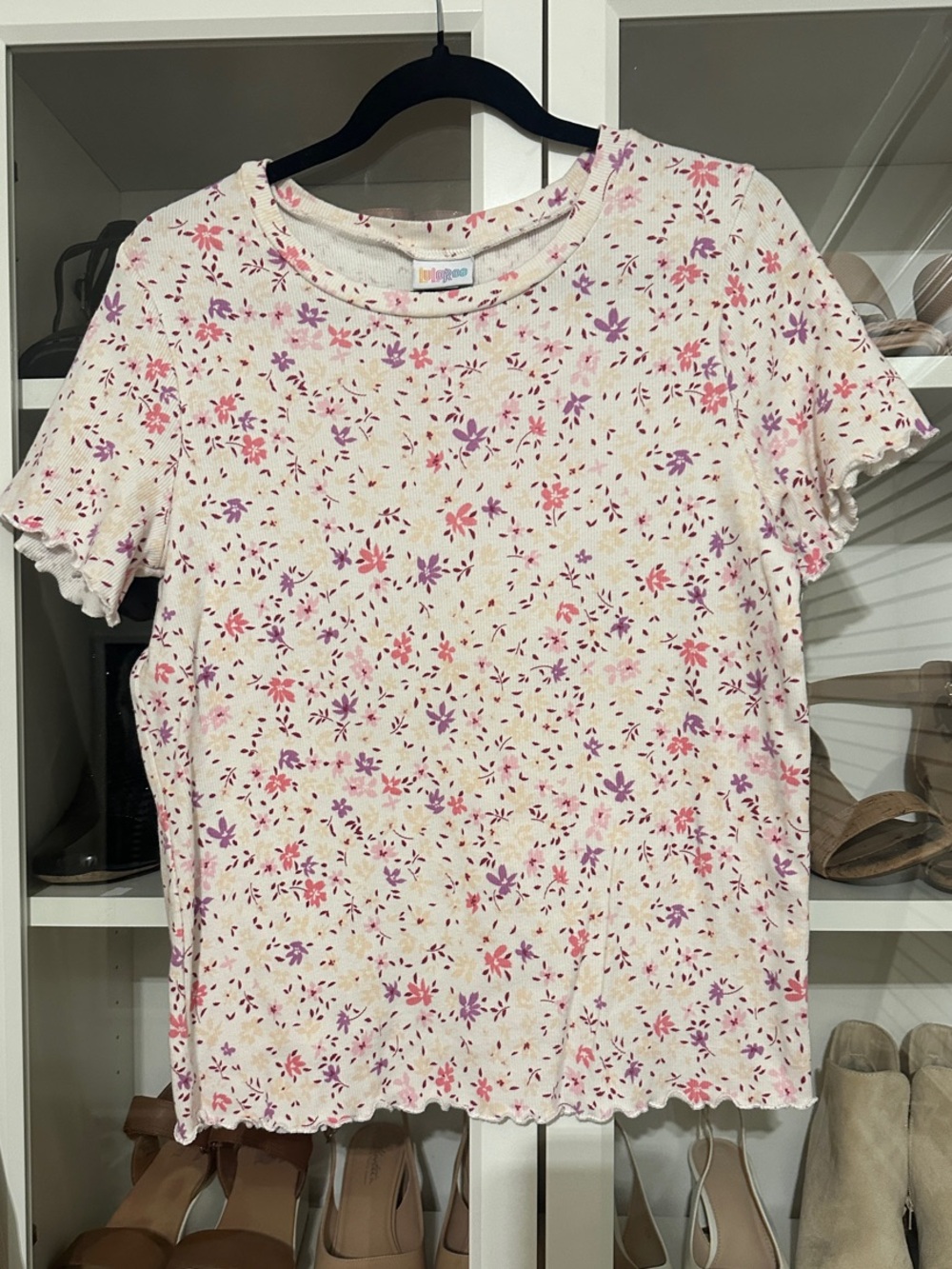 LuLaRoe Pink, Cream & Purple Floral Short Sleeve Lettuce Hem Top